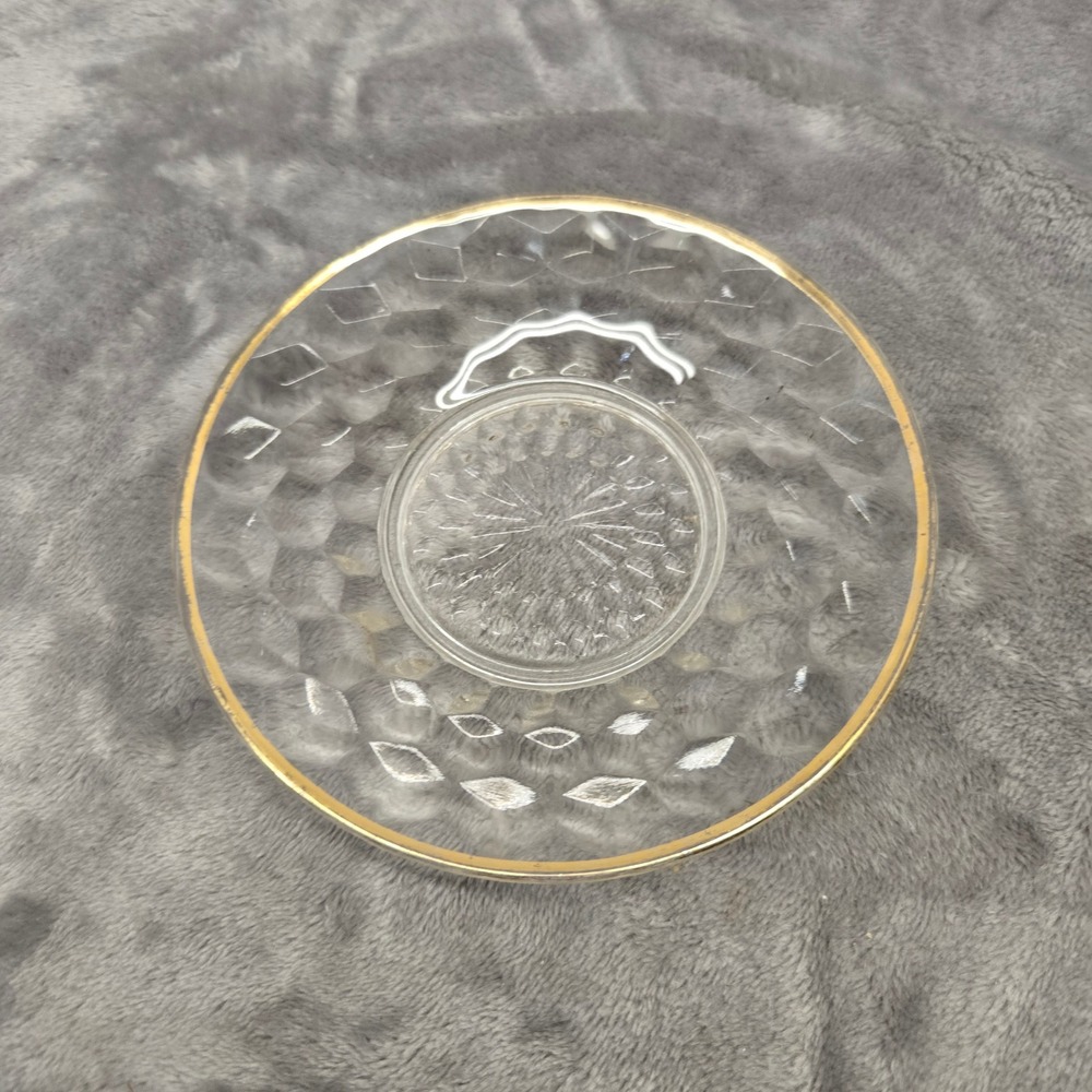 Vintage Clear Pressed Glass Saucer Gold Rim Diamond Point Honeycomb Pattern 6"